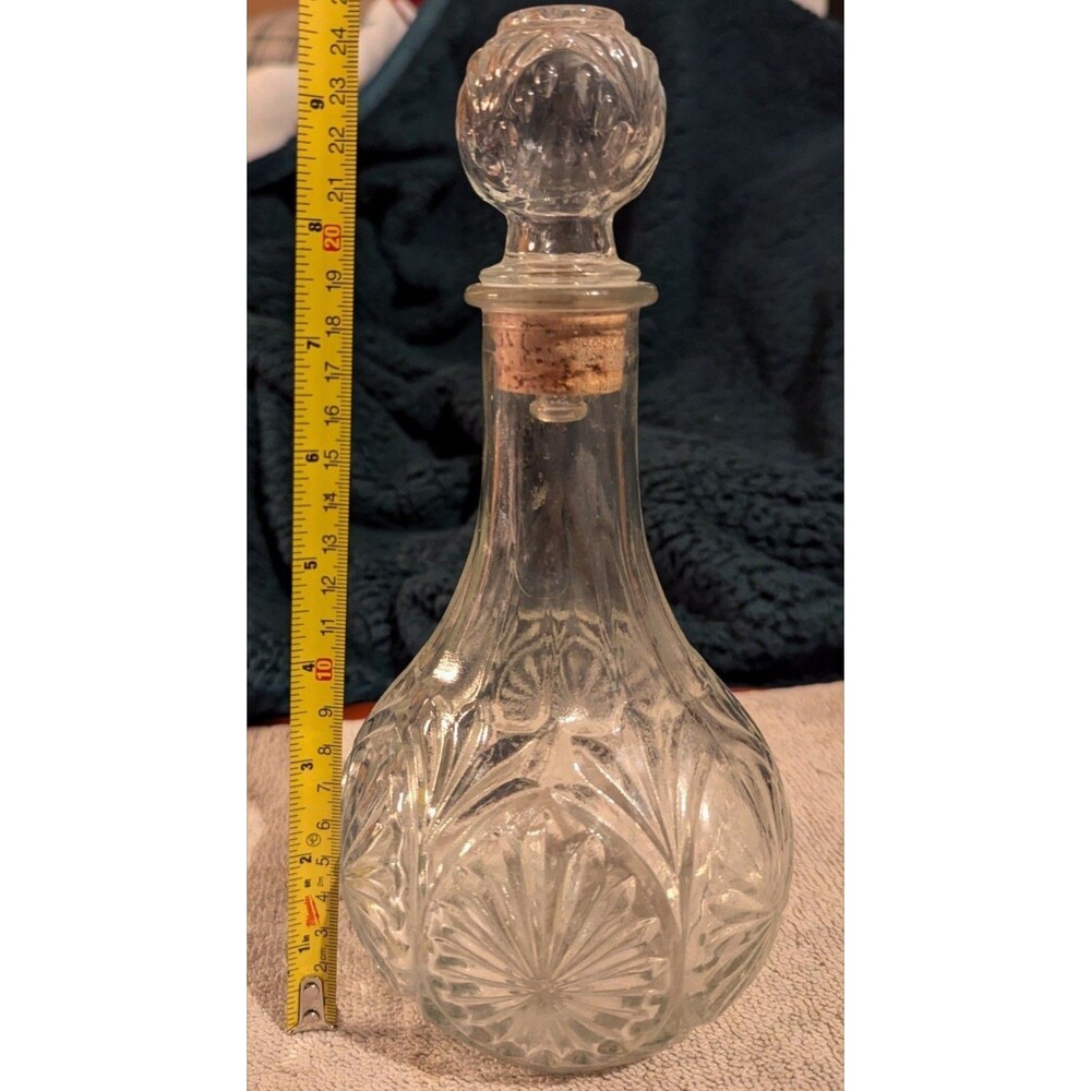 Vintage Clear Pressed Glass Decanter with Decorative Stopper, Starburst Pattern